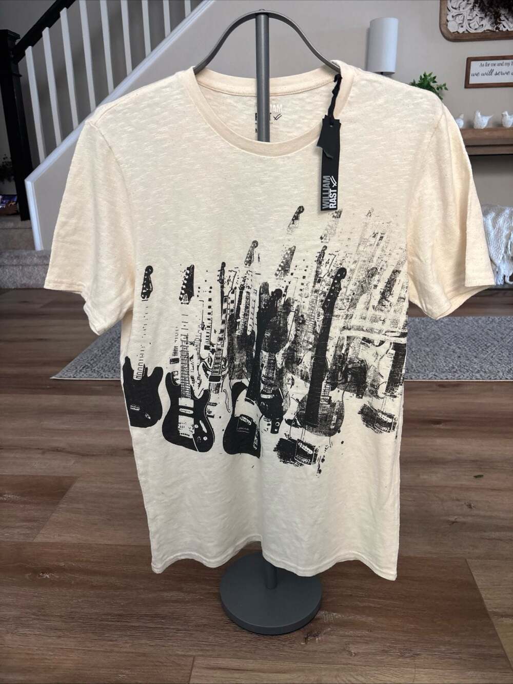 William Rast Men's Cream Guitar Graphic Print Crew Neck T-Shirt